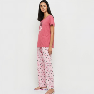Women Mauve & Black Printed Night suit
